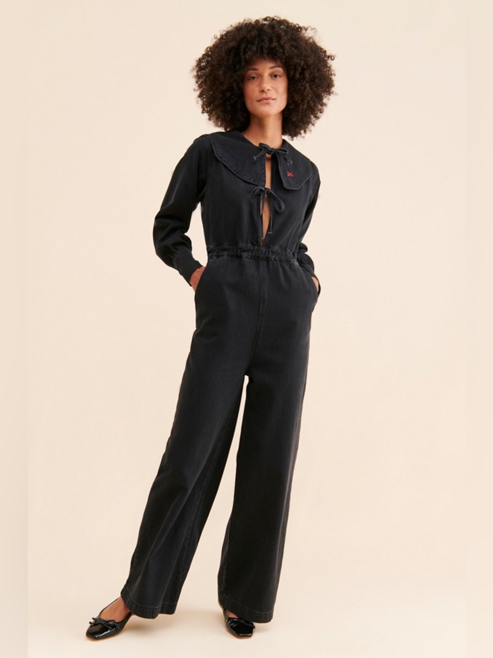Damson Madder Ginny Black Gray Denim Tie-Front Jumpsuit UK 16 (US 10)